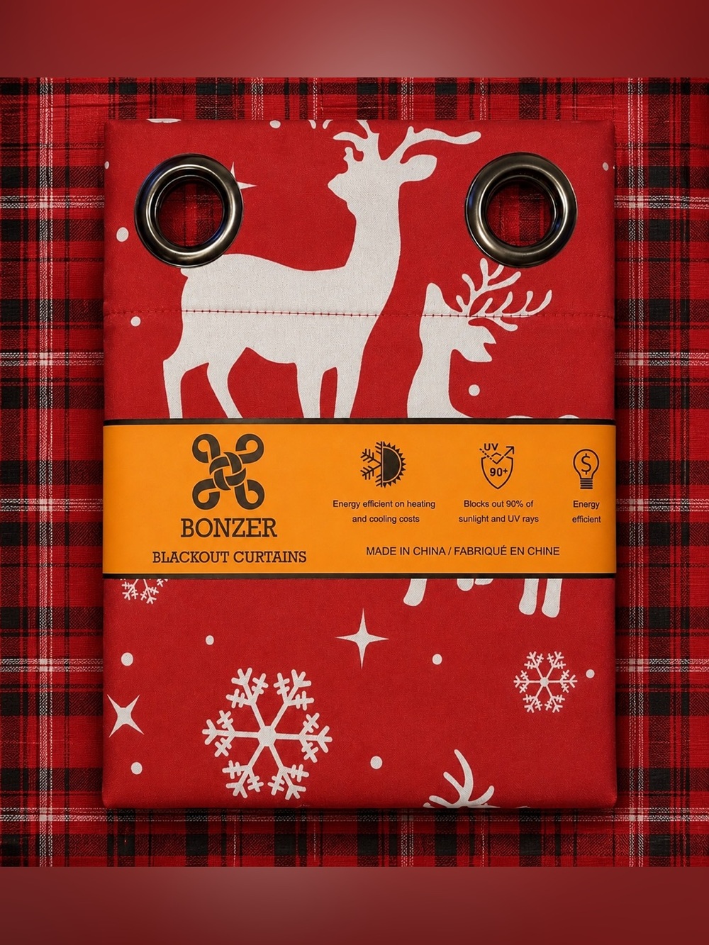 Bonzer Blackout Curtains Red and White with a Snowflake and Deer Design